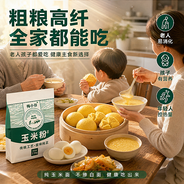 [主图-9] 营养健康 粗粮高纤 全家适用。
[氛围风格] 健康温馨 家庭餐桌 阳光早餐 正能量温暖感。
[画质] 生活方式摄影 自然真实 光线明亮 氛围温馨。
[元素] 画面展现温馨的家庭早餐场景。木质餐桌上摆放着丰盛的玉米面早餐：玉米粥 窝窝头 玉米发糕 水煮蛋 小咸菜。餐桌旁坐着祖孙三代一家人（仅展示手部和上半身 面部不清晰或背对镜头）：老人端着玉米粥 孩子手拿窝窝头 妈妈在一旁盛粥 画面充满幸福感。餐桌一角放着梅小谷玉米粉包装袋 保持外观与输入图一致。窗外阳光洒进来 形成温暖的光束 空气中有微微的尘埃感。背景是明亮的厨房 简洁干净。
[光影] 早晨自然阳光从窗外射入 暖金色调 光线柔和 食物和人物都被阳光照亮 有明显的光束效果 温馨明亮。
[配色] 主色调暖金黄（阳光/食物） 辅色木棕（餐桌） 点缀色白色（餐具）。
[视角构图] 45度平视角度 餐桌食物为前景主体 人物为中景 景深中等 氛围温馨自然。
[文字版式] 左上角主标题 粗黑体深绿色 写"粗粮高纤 全家都能吃"。副标题细体 写"老人孩子都爱吃 健康主食新选择"。右侧三个圆形图标+文字 竖向排列 分别是"老人 易消化""孩子 有营养""年轻人 控热量"。底部小字 写"纯玉米面 不掺白面 健康吃出来"。
[输出要求] 1:1比例 文字清晰锐利 超高清生活方式摄影质感。
[负向提示词] 变形 文字错乱 人物面部扭曲 多余的手 手指畸形 肢体穿模 背景杂乱 水印 电商平台Logo。