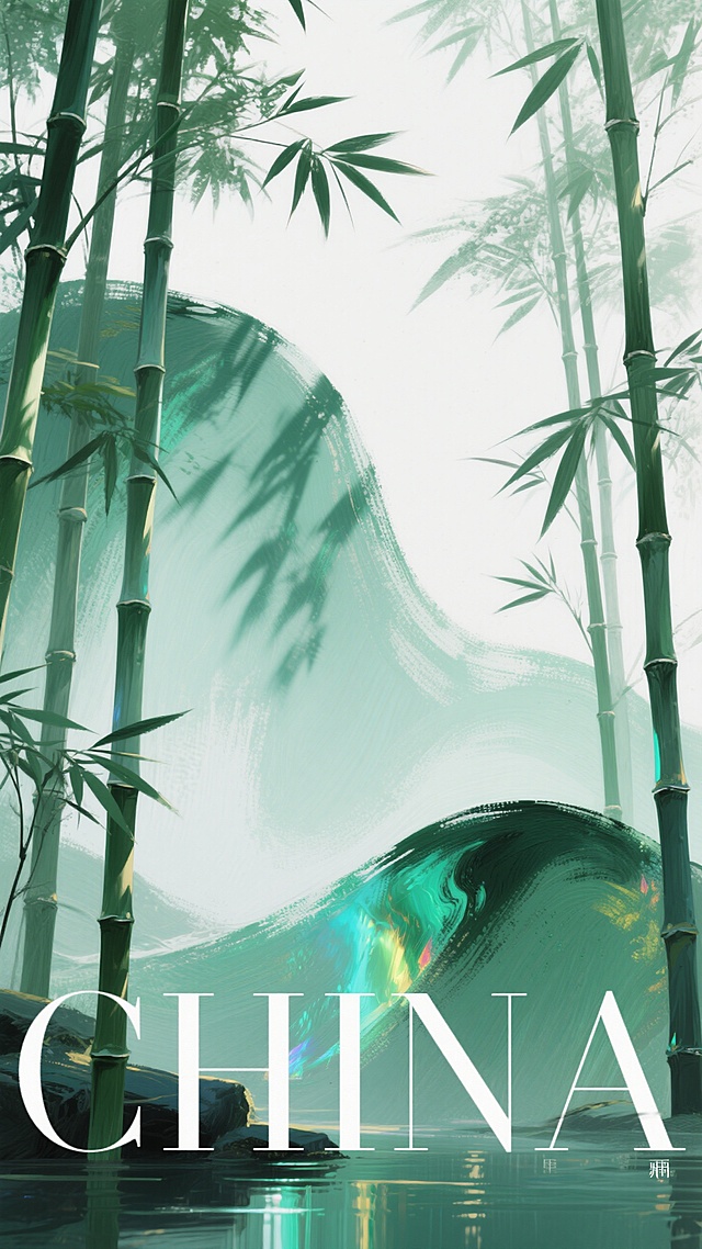 大面积留白，海报设计，，抽象，艺术，高级，大写意，极简风格，禅意，竹林竹叶的影子，低饱和绿色，弥散渐变，海报小标题“CHINA”大标题，大师级排版，充满创意的版式，极简，肌理感