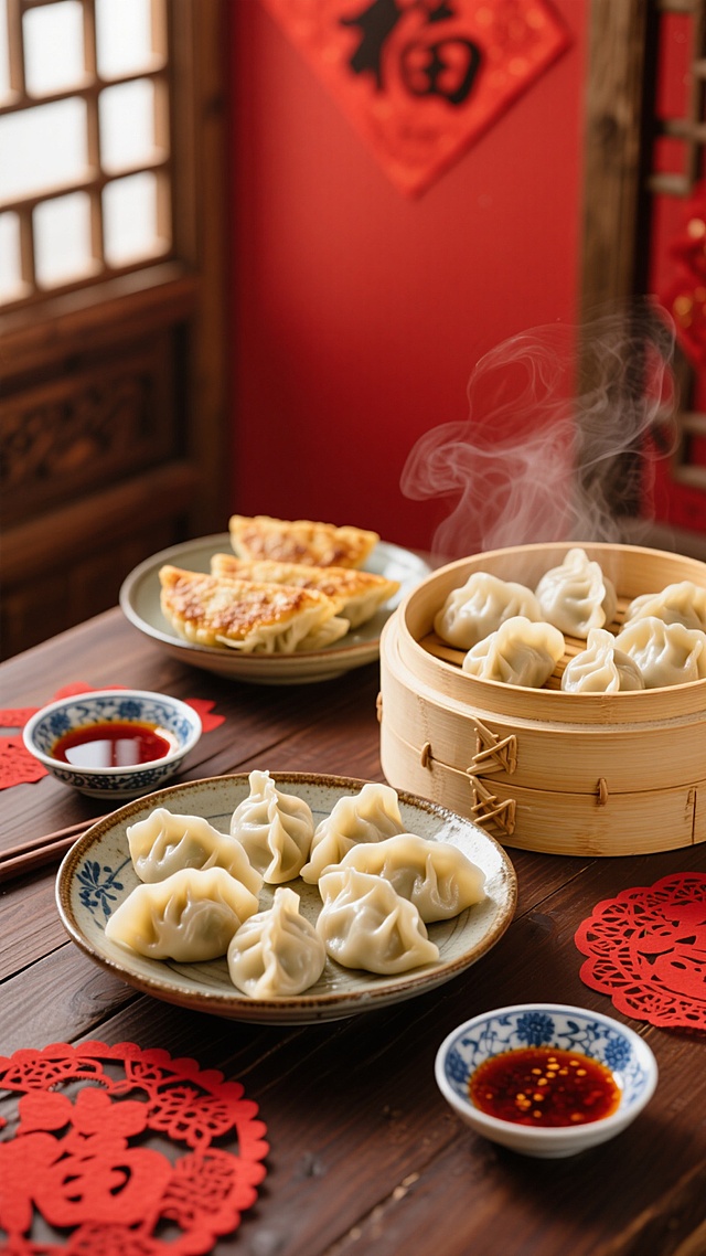 特写镜头下的不同形态饺子，蒸饺饱满圆润、水饺晶莹剔透、煎饺金黄酥脆，被精心盛放在古朴的陶瓷盘与竹制蒸笼中，热气袅袅升腾，旁边摆放着青花瓷小碟盛装的红油蘸料与香醋，背景为喜庆的中国红墙面和木质窗棂，温暖的自然光透过窗格洒在深棕色木纹桌面上，点缀着红色剪纸装饰，营造出温馨传统的中式美食氛围，整体采用写实主义风格，色彩浓郁和谐，光影层次丰富，细节质感清晰，展现出饺子的多样美味与节日的热闹温馨。