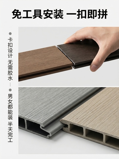 [主图 4] 便捷安装演示，氛围风格高端大气，简洁实用。画面展示卡扣式安装拼接过程，采用上下分屏，上半部分展示工人手轻轻一扣完成拼接操作，下半部分展示锁扣结构细节特写。核心卖点：安装便捷，无需工具，快预览效果