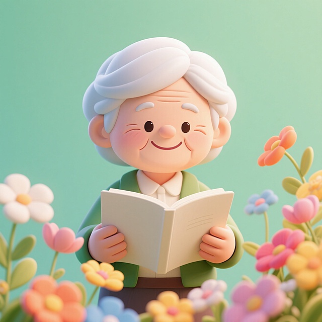 一个年迈女老师拿着教案，周围有鲜花环绕，温馨感，背景浅绿色