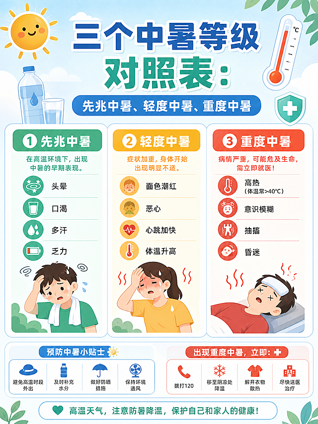 小红书笔记配图插画，文字主题"三个中暑等级对照表：先兆中暑、轻度中暑、重度中暑"，信息科普插画风格，分栏展示三个等级的症状说明，清晰排版，清新医疗科普配色，适合小红书配图