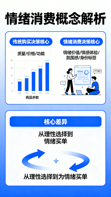 一张诠释情绪消费概念的竖版信息图，清晰解析：消费者购买决策不再仅以商品质量价格功能为核心，更看重带来的情绪价值、情感体验、氛围感和身份标签，核心是为情绪买单，画面分层呈现对比，信息清晰丰富，现代设计风预览效果
