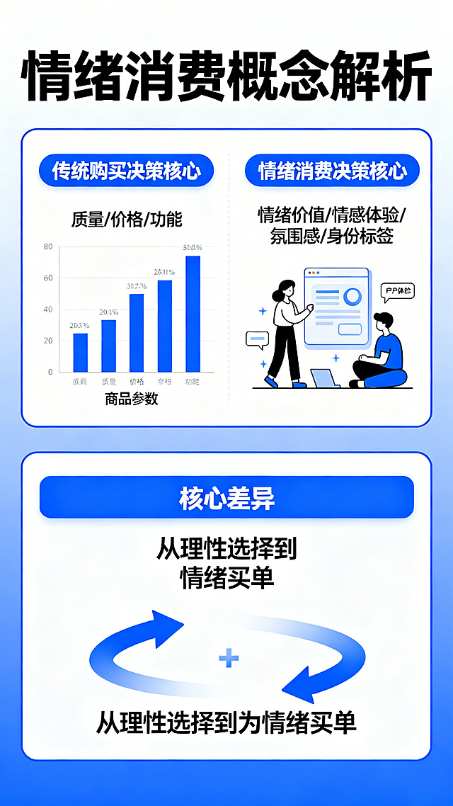 一张诠释情绪消费概念的竖版信息图，清晰解析：消费者购买决策不再仅以商品质量价格功能为核心，更看重带来的情绪价值、情感体验、氛围感和身份标签，核心是为情绪买单，画面分层呈现对比，信息清晰丰富，现代设计风格