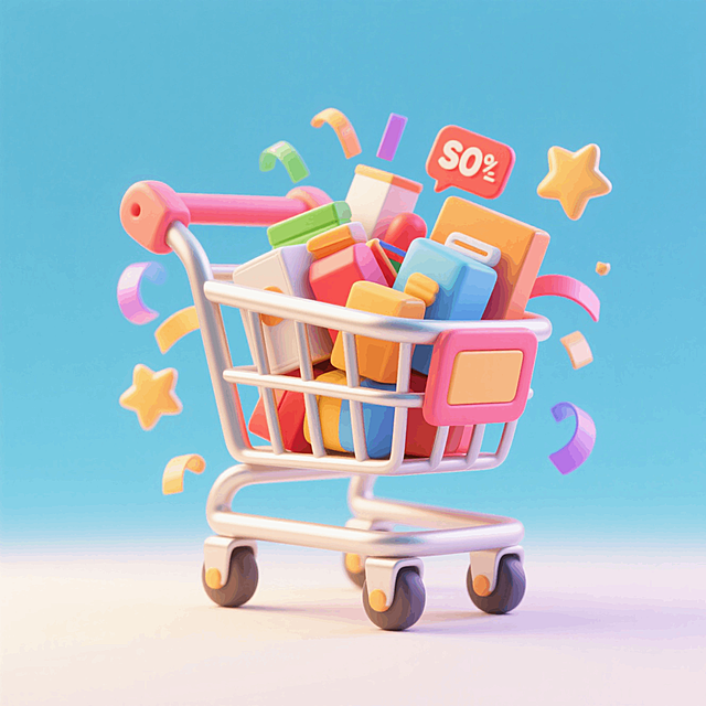 装着一堆物品的购物车，周围点缀彩带、星星等装饰元素，促销，浅蓝色底