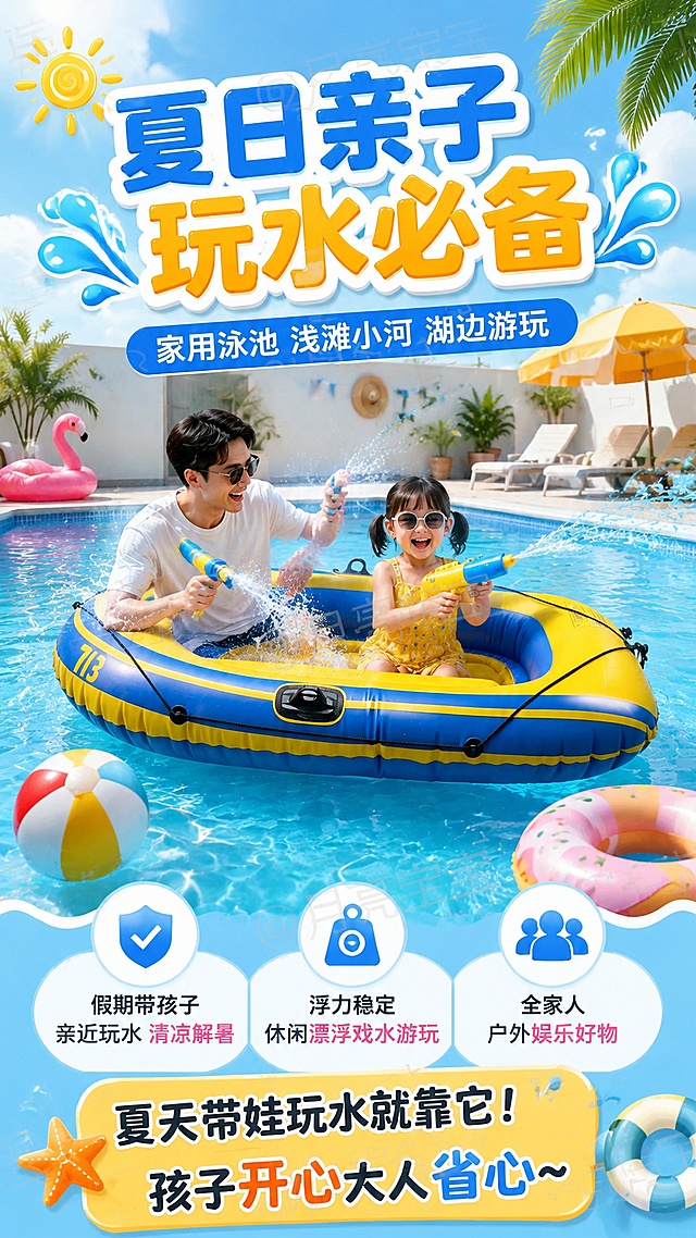 [第6屏] 场景二夏日亲子戏水-主推黄蓝713款。本屏使用【图2】黄蓝713款充气船作为商品主体，融入亲子泳池玩水场景。
[氛围/风格] 拼多多下沉市场温馨活泼风格，夏日清凉感，亲子欢乐氛围，色彩明亮。
[元素布局] 画面中景为黄蓝713款充气船漂浮在清澈泳池中，船上有一位家长和一个孩子开心戏水的场景，周围有水花飞溅、游泳圈、沙滩球等夏日元素；泳池边有遮阳伞、躺椅等；占画面约65%；上方和下方为文字区；背景为明亮的夏日泳池场景。船体颜色、713标识、结构与输入图2一致。
[光影质感] 强烈夏日阳光，水面波光粼粼，船体有明亮高光，整体通透清凉有活力。
[配色色系] 全局底色#87CEEB天蓝色+泳池蓝渐变；主色黄+蓝；辅助色白色、粉色、橙色夏日元素；点缀色太阳光芒。
[视角构图] 中景平视，船体在画面中心，周围环绕夏日元素，阅读动线上→中→下。
[文字版式] 顶部大字号主标题「夏日亲子玩水必备」，配太阳和浪花图标；副标题「家用泳池 浅滩小河 湖边游玩」；下方卖点：「假期带孩子亲近玩水 清凉解暑」「浮力稳定 休闲漂浮戏水游玩」「全家人户外娱乐好物」；底部加口语化文案：夏天带娃玩水就靠它！孩子开心大人省心~ 
[比例分辨率] 9:16竖版比例，4K分辨率，文字清晰可辨，高清画质。
[负向提示词] 船体变形，人物怪异，颜色偏差，水印，文字错乱，产品图模糊。