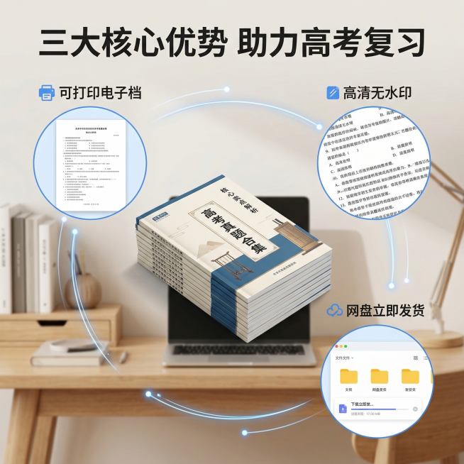 [主图2：核心卖点展示] 主图主题：高考试卷核心卖点解析；氛围风格：清晰升学风，简约专业；画面元素：中心放置一套完整的高考真题合集展示，围绕试卷用极细科技感引线连接三个核心卖点的细节展示区，分别展示可预览效果
