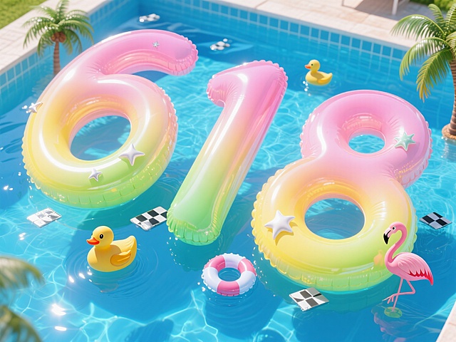 清新3D风格，充气大字“618”漂浮泳池，节日氛围浓厚。