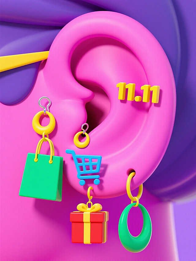耳朵上挂满耳环的特写，耳环造型分别是：“11.11”、购物车、礼盒、购物袋，紫色背景
