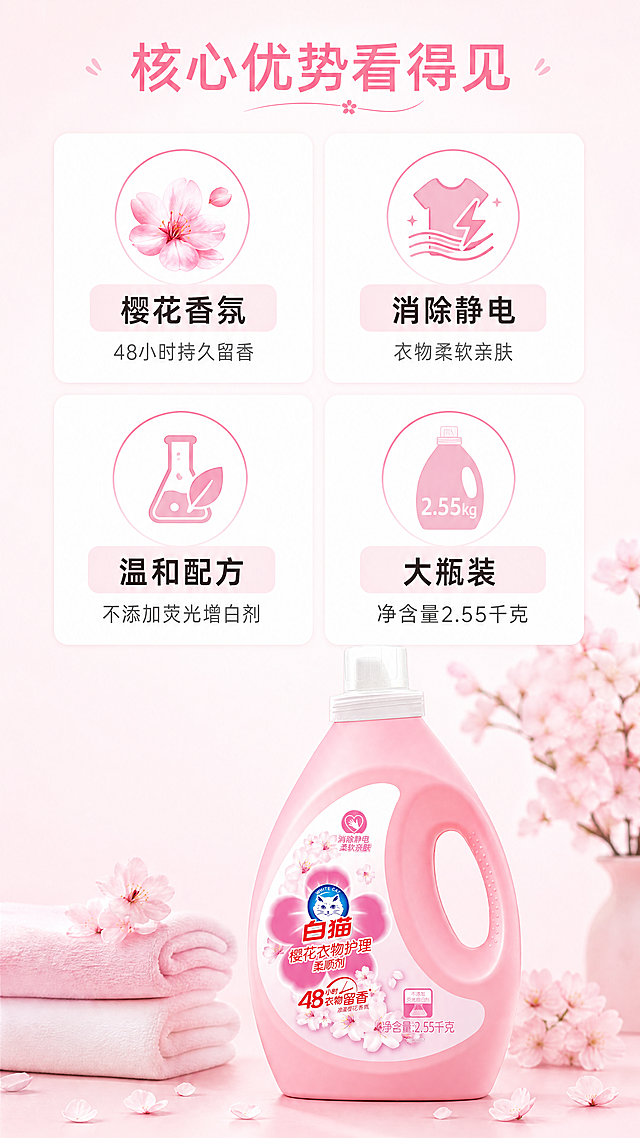 [第3屏] 核心卖点四宫格展示页-白猫樱花柔顺剂。本屏使用用户提供的商品图作为参考，保持产品特点和外观颜色准确。
[氛围/风格] 清新整齐卡片风，信息清晰易读，柔和干净的电商视觉。
[元素布局] 顶部预留主标题区域，下方排列2×2四宫格卡片，每张卡片展示一个核心卖点，每张卡片内配图标+短标题+简要说明，产品主体不遮挡信息，保持清晰。四宫格均匀分布，间距合适适合手机阅读。
[光影质感] 整体均匀明亮光照，每张卡片光影一致，文字清晰，图标轮廓干净，没有阴影遮挡文字。
[配色色系] 全局底色：#FFF5F8（浅粉）；卡片底色：白色；每个卡片标题使用浅粉色底深色文字，整体配色统一柔和，不抢产品主体。
[视角构图] 满屏排版，从上到下：标题区+四宫格，适配9:16竖版手机端，阅读动线流畅。
[文字版式] 顶部主标题「核心优势看得见」居中，字号画面宽度7%，粉色字体；四宫格四个卖点分别为：1「樱花香氛」48小时持久留香；2「消除静电」衣物柔软亲肤；3「温和配方」不添加荧光增白剂；4「大瓶装」净含量2.55千克。每个卖点标题加粗，说明文字小巧清晰，不挤压卡片空间。
[比例分辨率] 9:16竖版比例，4K分辨率，文字清晰可辨，超高清。
[负向提示词] 产品变形，文字错乱，卡片大小不均，水印，颜色偏差，背景杂乱，文字模糊，极限词。