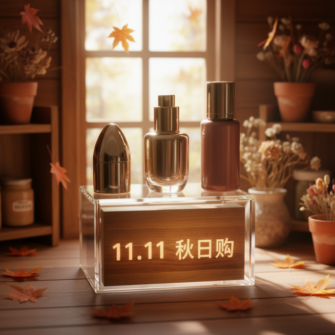 以暖棕、橙红为秋日主色调，场景设定为林间木屋展示区，中央是带原木纹理的透明立方体展台，展台下方点缀 “11.11 秋日购” 暖光木质灯牌，美妆商品放于展台内，背景搭配飘落枫叶、木质置物架、干花陶罐，营预览效果