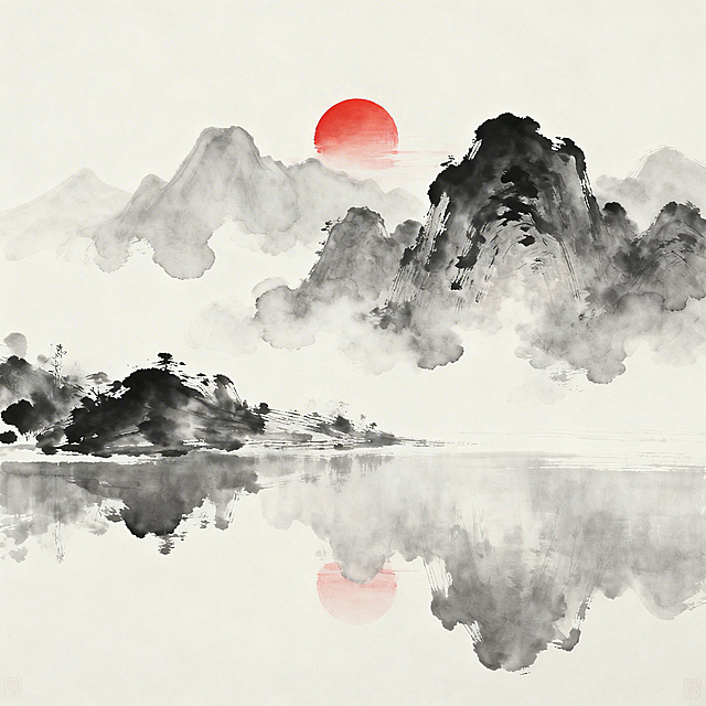 中国水墨画风格，远山层叠，以浓淡墨色勾勒山石轮廓，山间云雾缭绕呈淡灰色晕染效果，红日高悬天际，湖面平静如镜倒映山峦与红日，整体画面留白充足，营造空灵悠远的意境，融入古风山水元素，展现传统水墨的写意韵味与宁静氛围。
