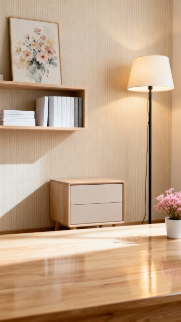 帮我生产五六张，这是一张现代简约风格的室内产品展示背景图，采用9:16的竖版构图。画面采用平视角度拍摄，主体床头柜产品位于画面中央偏下位置，营造出干净整洁的展示效果。背景环境是一个温馨的现代家居空预览效果