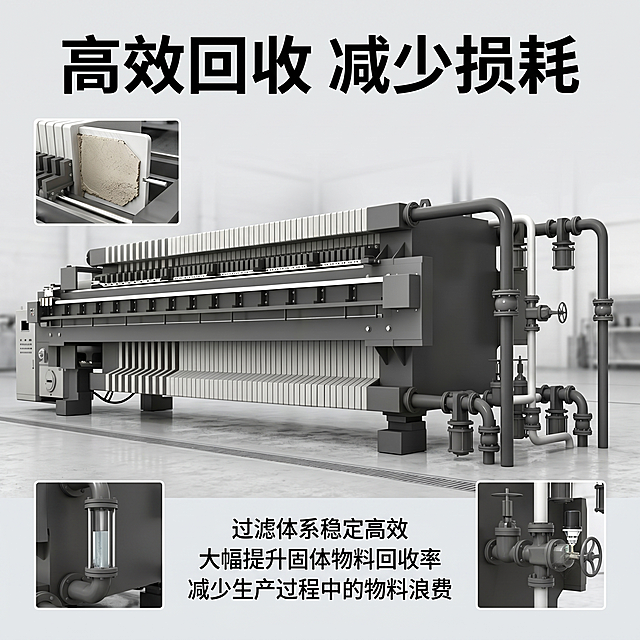 [主图-3] 板框式压滤机第三屏主图，展示高效回收减少损耗卖点。
[氛围风格] 专业工业风，和全套主图风格保持统一
[画质] 商业摄影质感，产品清晰真实，画面干净高级
[元素] 基于输入图片生成板框式压滤机，保持产品原有外观、结构、材质颜色与原图一致。将产品主体放置于画面中心，背景为浅灰色工业车间环境，周围环绕三个细节小图展示回收效果，整体高信息密度版式，满版排布。
[光影] 整体光线均匀明快，产品边缘高光清晰，明暗层次自然，和首图光影风格统一
[配色] 延续深灰工业主色调，浅灰背景，文字对比清晰易读
[视角构图] 中心产品主体，周围均匀分布细节小图，满版无边框，层次分明，信息层级清晰
[文字版式] 顶部大主标题加粗"高效回收 减少损耗"，黑色最大号；产品下方说明文字："过滤体系稳定高效\n大幅提升固体物料回收率\n减少生产过程中的物料浪费"，字体大小对比合理，文字均放置在负空间，不遮挡产品主体
[比例分辨率] 1:1 比例，2K 分辨率，文字清晰可辨，超高清
[负向提示词] 变形，水印，文字错乱，产品模糊，背景杂乱，风格不统一