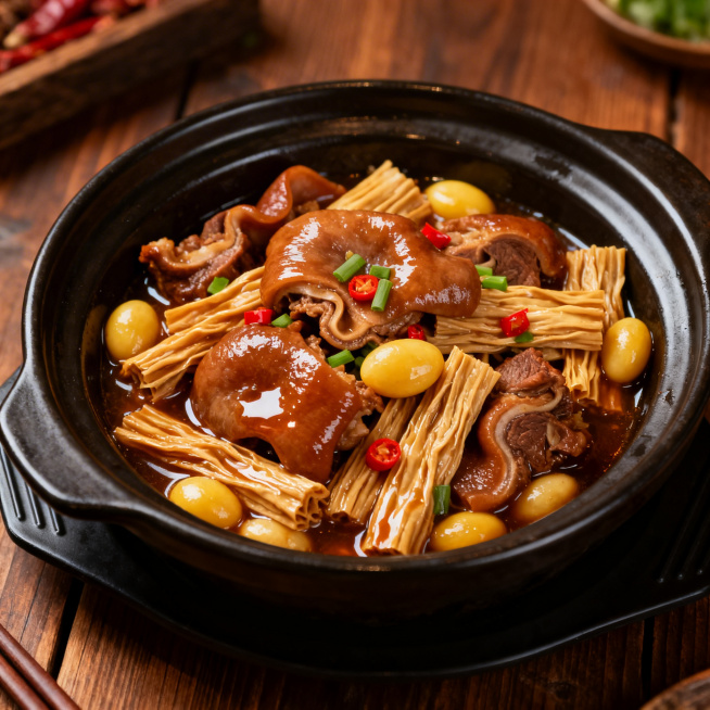 粤菜福果支竹焖猪肚菜品实拍图，砂锅里装着炖煮得油亮软烂的猪肚、吸饱汤汁的支竹和银杏果，表面飘着少许红椒和葱花点缀，色泽浓郁诱人，放在中式木质餐桌上，暖光打在菜品上，看起来香气扑鼻，写实美食摄影风格预览效果