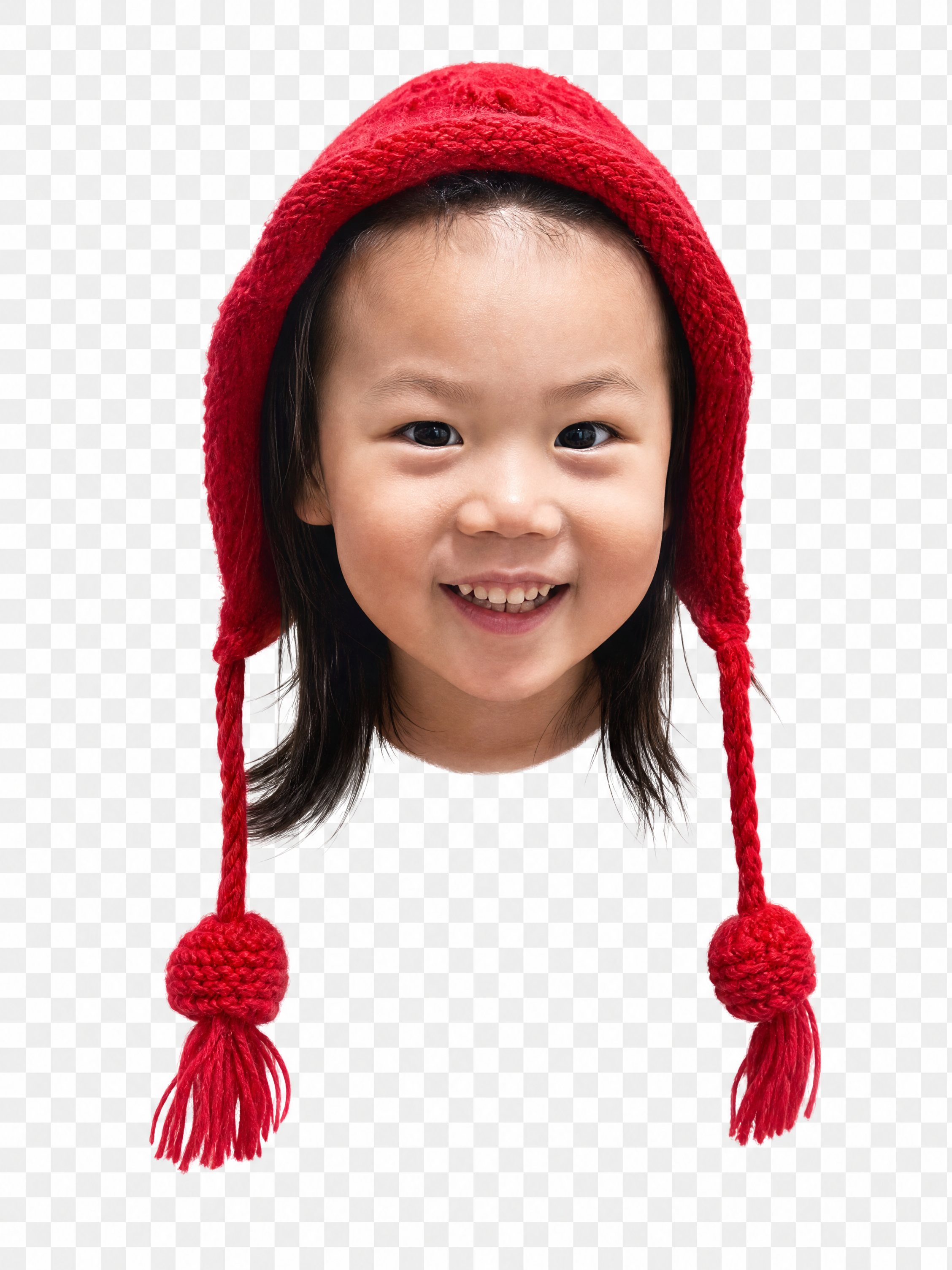 小女孩的头部肖像，戴着大红色针织帽子，帽子两侧有红色流苏绒球，… - 图片创意预览
