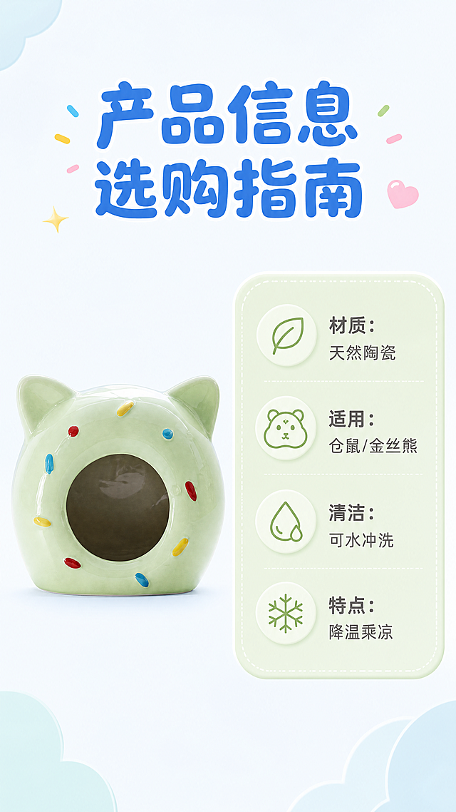 「图片1」帮我给这张图的产品做十张淘宝详情图，该产品是软萌猫耳甜甜圈仓鼠躲避屋，该产品的卖点是;1,✨ 天然陶瓷;2,🌿 四季通用;3,🧼 一冲即净;4,🛖 宽敞空间;5,🐱 软萌造型;图片的背景颜色为马卡龙色系，背景风格为童话甜品风，图片比例为9:16