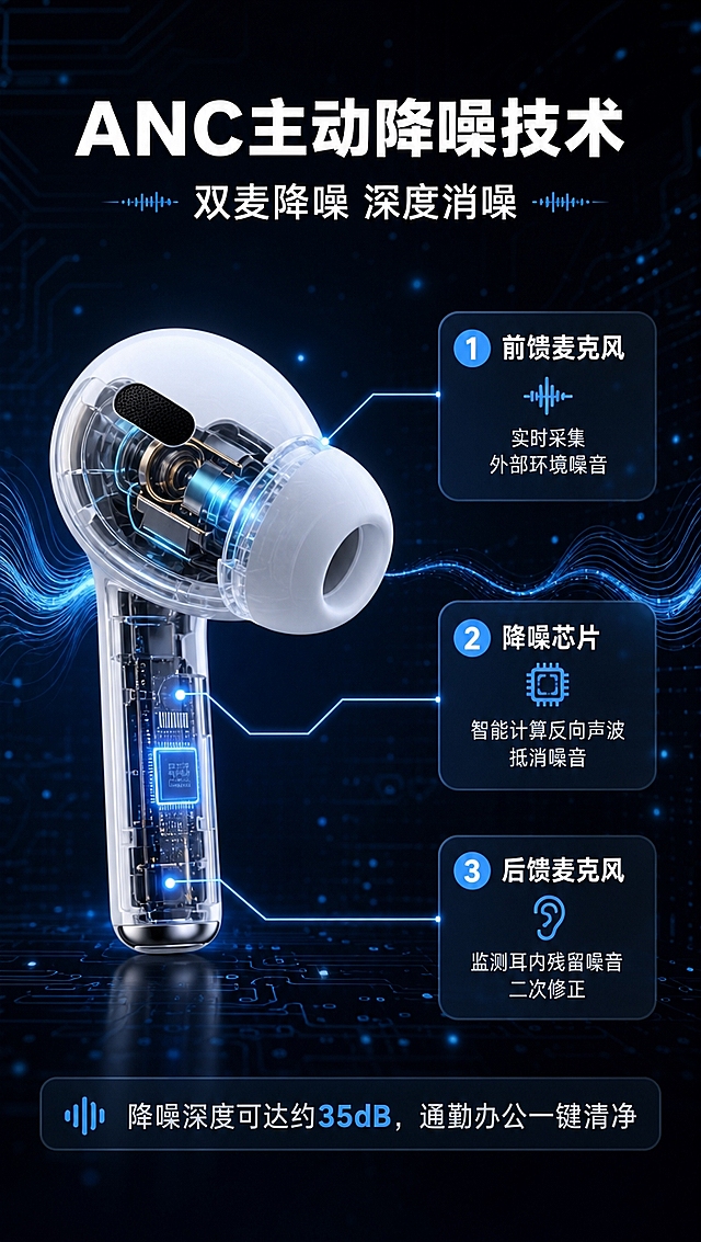 [商品] 使用【图1】白色入耳式真无线蓝牙耳机；保留耳机外观结构、白色材质、黑色长条开孔原貌；以耳机剖面/内部结构示意的方式展示降噪技术，外部轮廓与原图一致。
[画面] 页面目标：展示主动降噪核心技术原理，建立技术可信度。构图：竖版9:16，左侧为耳机剖面结构示意图，占画面约50%，展示内部动圈单元、降噪麦克风、芯片等声学组件，有科技光线连接各部件；右侧为技术说明文字区。背景：深蓝黑科技背景，带有电路板纹理和微弱蓝光粒子效果，突出技术感。
[视觉] 套系策略：风格=科技极简商业摄影风；标题字=现代无衬线粗黑体；正文字=简洁无衬线中黑体；主色=纯净白；背景延展=深蓝黑渐变+科技蓝光效+声波线条；强调色=科技蓝，仅用于小面积图标、引线、标签和光效点缀；标题色=白色；正文色=浅灰蓝；组件=圆角半透明信息卡、细蓝线引线、圆点装饰；光影=剖面结构内部有蓝色发光效果，突出核心部件。
[文字] 顶部主标题：「ANC主动降噪技术」，副标题：「双麦降噪 深度消噪」。右侧3个技术点：1.「前馈麦克风」—— 实时采集外部环境噪音；2.「降噪芯片」—— 智能计算反向声波抵消噪音；3.「后馈麦克风」—— 监测耳内残留噪音二次修正。底部小字：「降噪深度可达约35dB，通勤办公一键清净」。所有文字横向排版。
[规格] 图片比例9:16竖版，4K分辨率，负向提示：避免产品外观变形、虚构认证、医疗功效宣称、文字竖排、蚂蚁字、极限词。