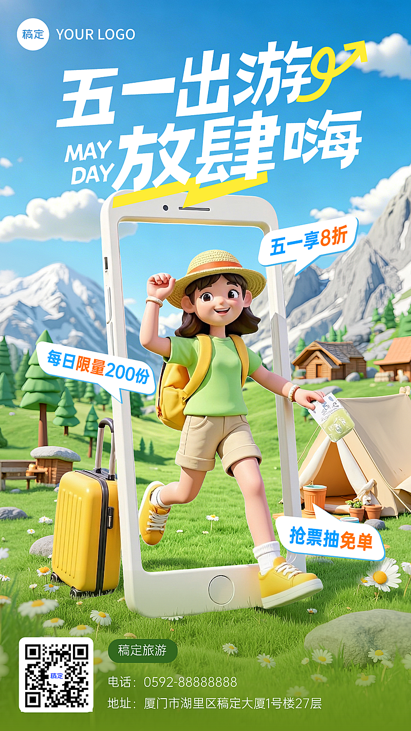 五一劳动节节日活动旅游出行3D立体粘土人物竖版海报