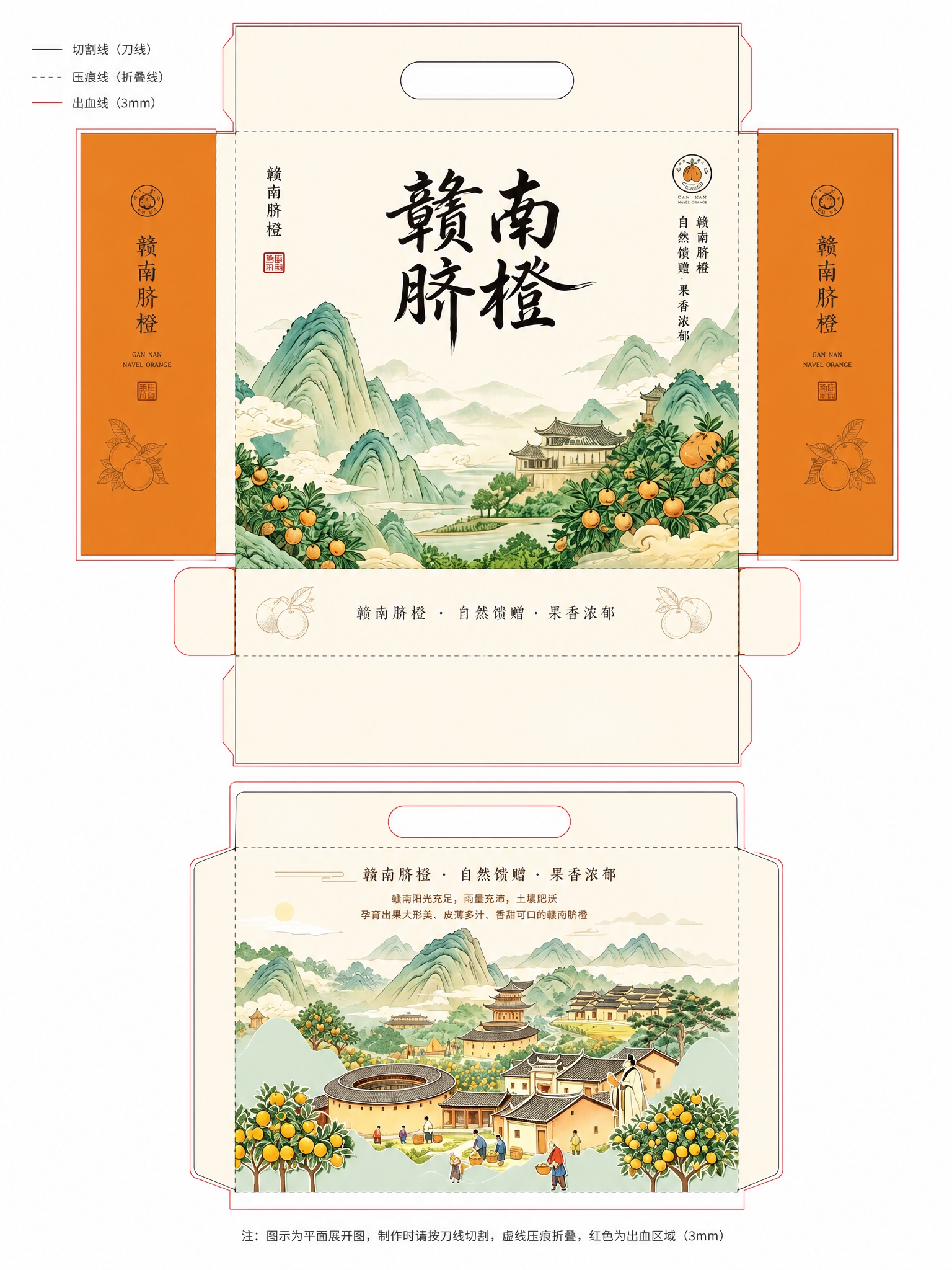 赣南脐橙手提礼盒的刀版图（包装展开图），参考翻盖手提礼盒结构，… - 图片创意预览