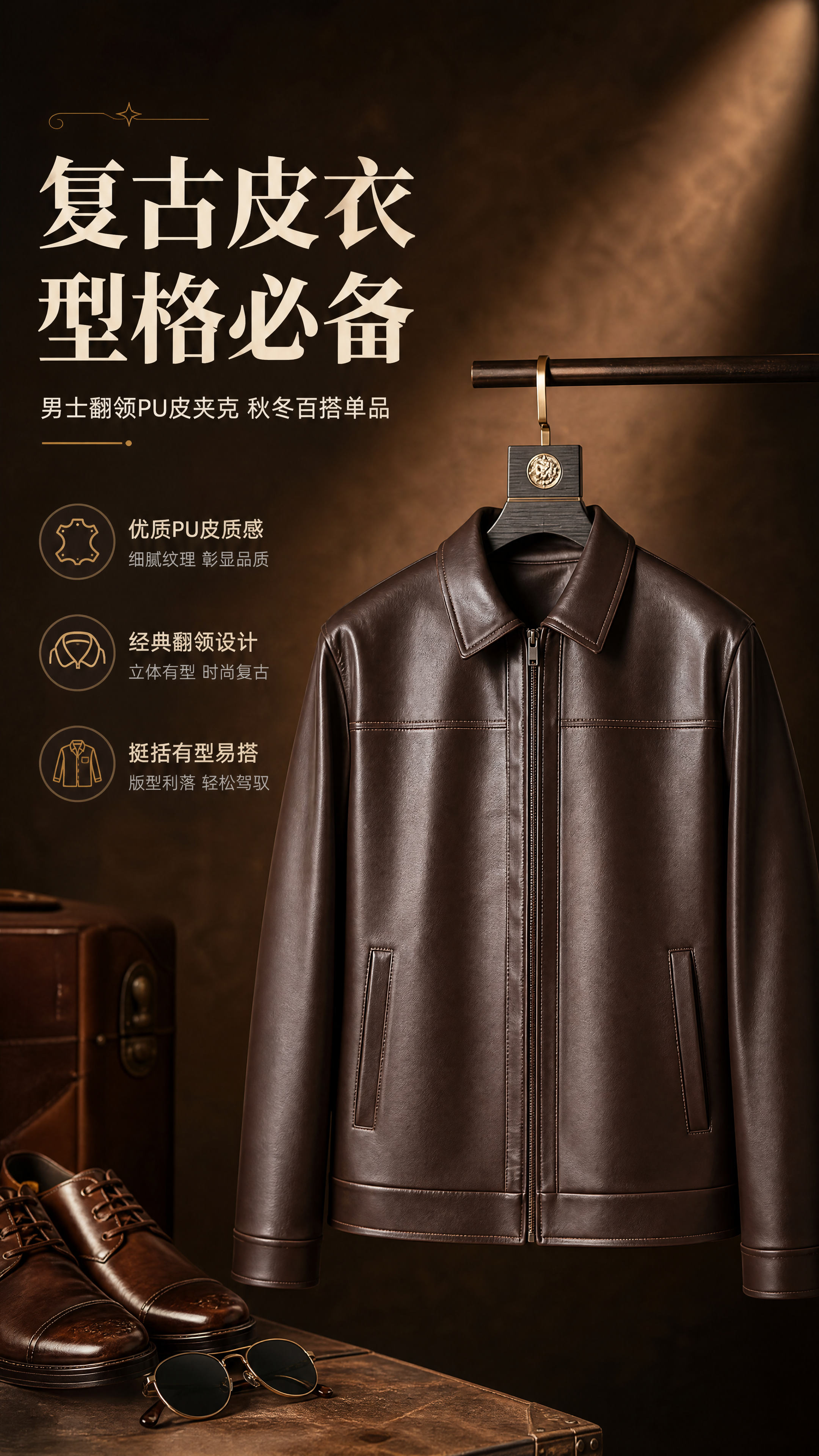 [商品] 使用【图1】棕色男士翻领PU皮夹克；商品处理：保留翻… - 图片创意预览
