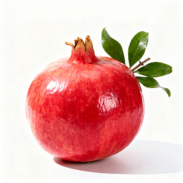云南蒙自软籽石榴商品主图，纯白背景，完整带叶新鲜红皮软籽石榴，居中展示，光影清晰，适合电商销售，突出果实饱满外皮红润