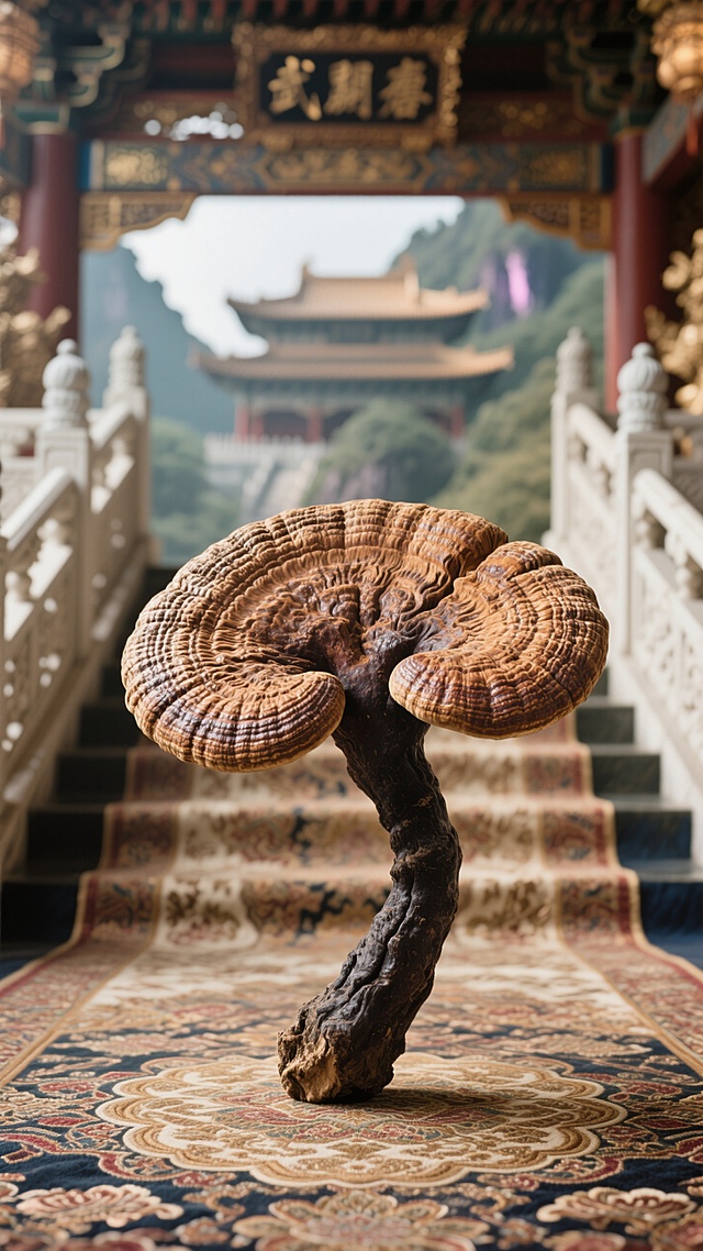 画面结合千年灵芝元素与武夷山特色元素，营造独特的氛围感，一个千年灵芝，纹路清晰，占画面上下一半，背景是大唐皇宫，雕栏玉砌，背景模糊。整个灵芝落在地面上，地面上铺了一层奢华的锦绣。