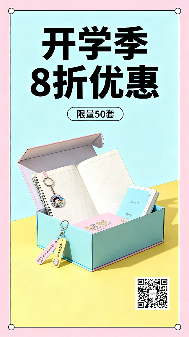 青春活力风格校园定制文创礼盒促销海报，画面包含文创礼盒、笔记本、钥匙扣、书签产品实物元素，带有清晰促销文字文案"开学季8折优惠""限量50套"，右下角预留购买二维码占位区域，整体面向在校大学生，采用活力青春校园明亮色调，设计简洁醒目，信息层级清晰