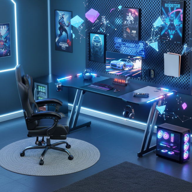 不改变桌子，生成一张充满电竞风格的室内场景图，要和桌子色调匹配，环境不要太暗，有深蓝色灯光，图片比例1:1预览效果