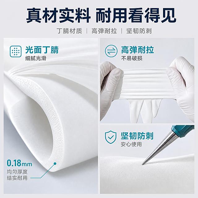 [主图-3] 材质细节与安全性 丁腈材质微距特写与耐用测试。
[统一基调] 淘宝天猫风格，专业品质感，洁净生活氛围，明亮自然光，高亮通透；主色调为清透蓝绿+洁净白+浅木色；标题字体为简洁现代粗体无衬线，深灰或深蓝色；辅助文字为浅灰色；强调色为清新蓝绿色；整体清爽干净有秩序感。
[画面] 画面采用左右分栏布局。左侧是手套材质的极致微距特写，展示丁腈材质的光滑光面纹理和厚度截面，能看到材质的均匀致密感，手套材质颜色与输入图一致（白色光面丁腈）。右侧上方是耐拉扯测试示意：两只手分别拉住手套两端进行拉伸，手套被拉长但不断裂，展示弹性和韧性；右侧下方是防穿刺示意：尖锐物品接触手套表面但未刺穿。背景为浅灰色渐变，干净专业。
[光影质感] 商业摄影质感，侧逆光突出材质纹理和厚度，微距部分细节清晰，测试部分光影自然真实。
[配色] 浅灰渐变背景，白色丁腈材质主体，深蓝色标题，蓝绿色数据高亮，整体干净专业。
[文字版式] 顶部大标题"真材实料 耐用看得见"；左侧微距图标注"光面丁腈 细腻光滑"；右侧上方标注"高弹耐拉 不易破损"；右侧下方标注"坚韧防刺 安心使用"。数据和标注用短词，清晰不杂乱。
[输出要求] 1:1正方形比例，2K高清，文字清晰可读，材质细节清晰，无变形无错字，无水印无平台Logo，画面干净专业。
