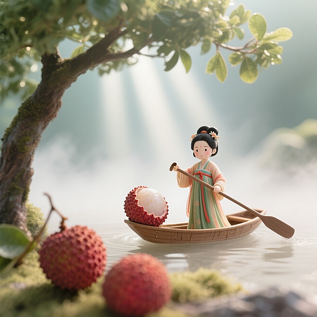 一个迷你的唐制齐胸襦裙少女，将一枚荔枝壳作舟划桨，树冠层若隐若现，阳光透过叶片在雾气中形成丁达尔光束，前景也有几颗荔枝