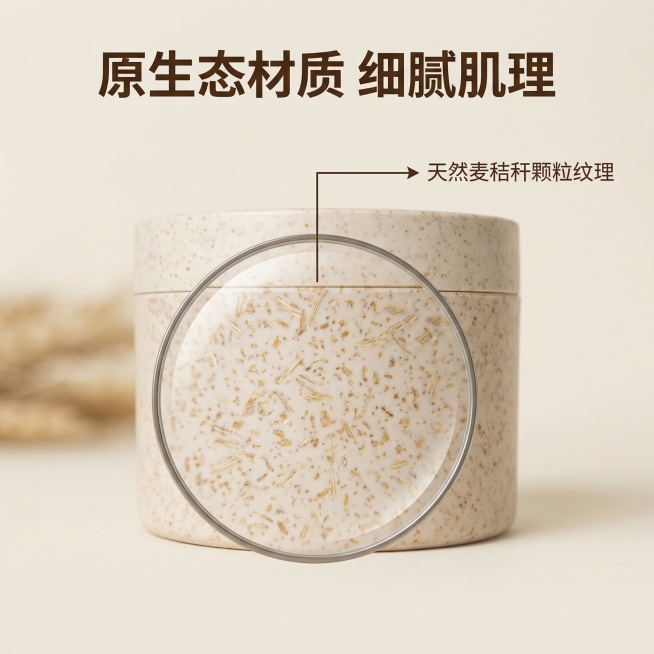 [主图 3] 材质细节展示图，放大麦秸秆纹理细节，环保质感风。商业摄影质感、光线柔和通透、产品清晰真实、画面干净高级。保持产品整体外观不变，用局部圆形放大镜效果放大瓶身麦秸秆纹理区域，框内纹理锐化清晰预览效果