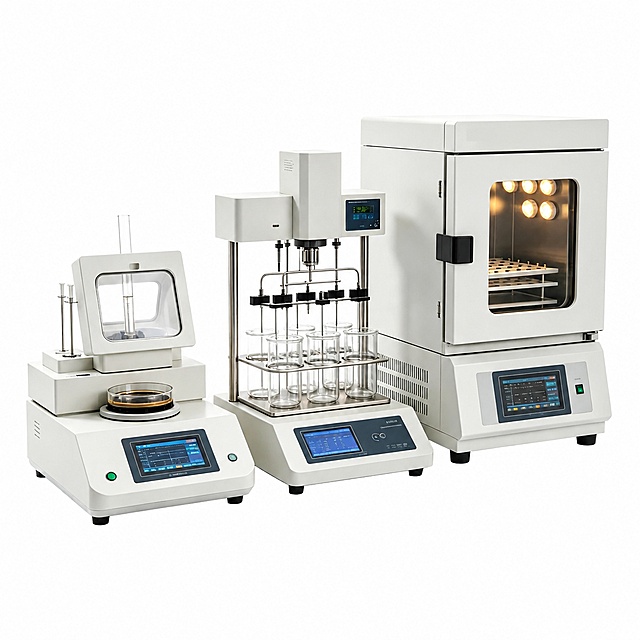 Amazon white background main image, three laboratory testing instruments arranged neatly from left to right: a small diffusion testing unit on the left, a multi-station dissolution tester in the middle, and a light stability test chamber on the right. Pure white #FFFFFF background, no shadows, no text, no logos, no marketing elements, no props. Keep the product appearance (physical structure, material texture, color, control panels, glass beakers, touch screens, stainless steel frames) exactly consistent with the input product image, no deformation or color difference. Product occupies more than 85% of the frame, centered composition, clean and professional. Commercial product photography, ultra-high definition, sharp edges, realistic material rendering. 1:1 square ratio. Negative: deformed products, blurry details, shadows, reflections on background, watermarks, Chinese text added on image, any text overlays, borders, props