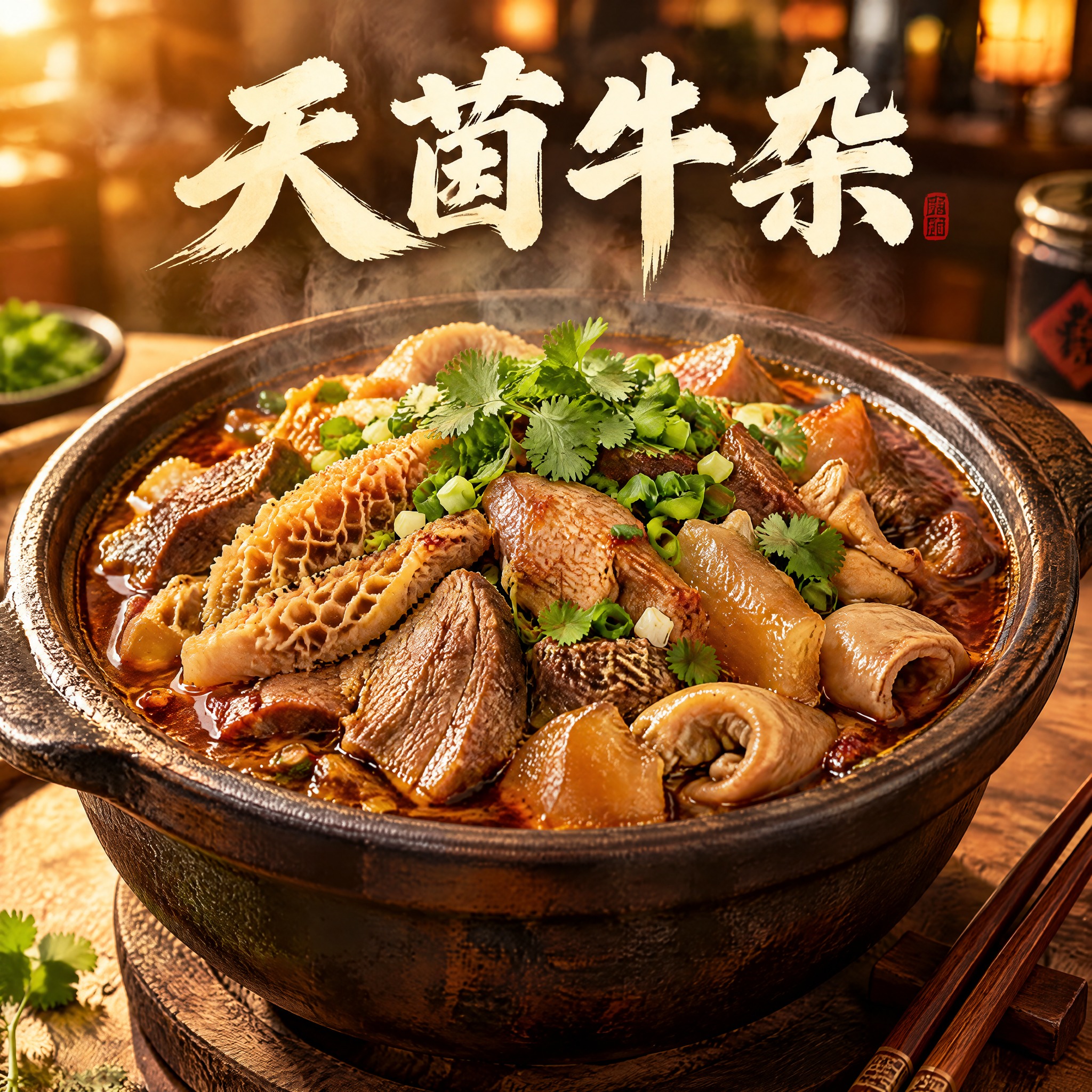 天茵牛杂店铺头像设计，写实美食摄影风格，画面中央是一碗热气腾腾… - 图片创意预览