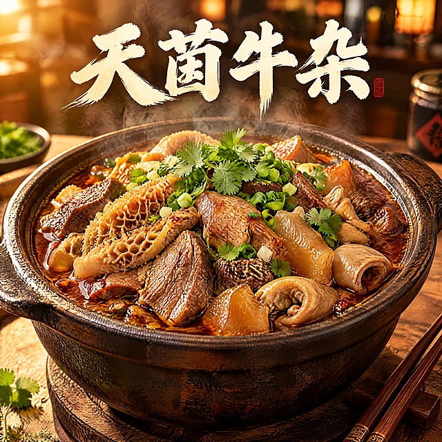 天茵牛杂店铺头像设计，写实美食摄影风格，画面中央是一碗热气腾腾的牛杂煲，里面有牛肚、牛筋、牛腩、牛肠等牛杂食材，汤汁浓郁红亮，撒上葱花和香菜点缀，旁边放一双筷子，背景是温暖的木质桌面，暖光打在食物上，汤汁泛着诱人的光泽，食材纹理清晰可见，非常有食欲，画面上方有书法风格的店名"天茵牛杂"四个字，字体苍劲有力，整体画面饱满充实，无圆形边框，正方形构图，高清写实，专业美食摄影