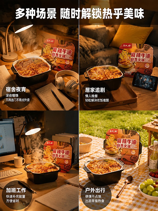 [第5屏] 详情页全场景适配-高大厨自热火锅四大场景。本屏使用【图1】包装盒作为各场景中的产品参考。
[氛围/风格] 多场景拼接 暖光生活化 简约高级 真实日常场景 夜宵氛围感
[元素布局] 画面为2x2四宫格场景拼接 每个格子是一个真实生活场景 左上格 宿舍夜宵场景 夜晚宿舍书桌 台灯暖光 桌上放着自热火锅和书本 耳机 有热气 右上格 居家追剧场景 客厅沙发前的小茶几 火锅冒着热气 旁边有手机在播放剧 抱枕 左下格 加班工作场景 办公室办公桌 电脑旁放着自热火锅 键盘 文件 暖光台灯 右下格 户外出行场景 野餐垫上放着自热火锅 户外草地 阳光 每个场景中都有高大厨自热火锅包装盒 包装盒外观与输入图一致 四个场景都是暖色调 氛围统一
[光影质感] 每个场景都有暖光主光源 宿舍是台灯光 居家是落地灯光 加班是办公台灯 户外是暖阳光 整体光影统一偏暖 有热气效果 氛围感强
[配色色系] 全局底色 各场景独立但统一暖色调 主色暖黄暖橙 辅助色各场景本色 文字统一白色加半透明深色底
[视角构图] 四宫格等分布局 每个场景独立构图 都是略微俯视的生活化视角 阅读动线从左到右 从上到下
[文字版式] 顶部居中主标题「多种场景 随时解锁热乎美味」 粗体白色大号字 放在顶部半透明深色色块条上 每个场景左下角有半透明深色圆角色块 内有场景名称和说明 左上「宿舍夜宵 深夜嘴馋 不用出门不用点外卖」 右上「居家追剧 懒人晚餐 轻松解决吃饭难题」 左下「加班工作 快速补充能量 方便省时」 右下「户外出行 便携不占地 出游常备热食」 文字清晰可读
[比例分辨率] 3:4 竖版比例 4K分辨率 文字清晰可辨 高清画质
[负向提示词] 变形 水印 文字错乱 文字过小 缺件错件 结构错误 颜色偏差 包装文字错乱 产品图模糊 背景杂乱 人物面部扭曲 手部畸形