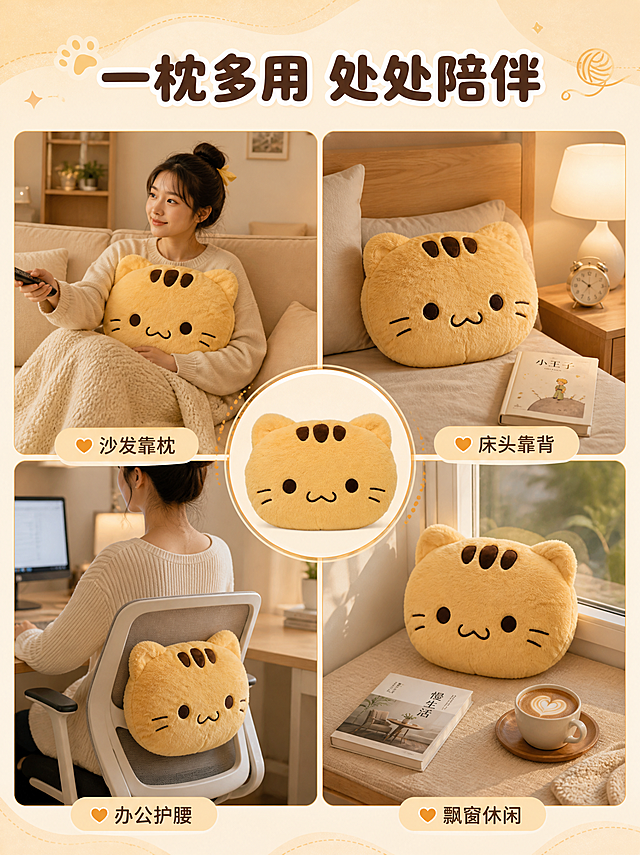 [商品] 使用【图1】黄猫头抱枕；保留暖黄色毛绒材质、头顶三道深棕色斑纹、圆眼睛、小胡须、微笑嘴型、整体猫头造型；增强毛绒纹理质感，保持产品原貌不变。[画面] 第6张 多场景应用展示 目标展示抱枕在不同场景下的使用方式；构图为四宫格拼图 2x2排列 每格一个场景 都有黄猫头抱枕 左上格 沙发靠枕场景 一个女生窝在沙发里抱着抱枕看剧 右上格 床头靠背场景 抱枕靠在床头 旁边有睡前读物和台灯 左下格 办公护腰场景 抱枕放在办公椅上 女生背影靠在上面 右下格 飘窗休闲场景 抱枕放在飘窗垫上 旁边有咖啡和书 四个场景都是暖调治愈风 中间有圆形主图标。[视觉] 套系策略：风格=家居治愈风 温馨暖调商业摄影；标题字=圆润粗黑体 萌系圆角；正文字=简洁圆角无衬线体；主色=暖黄+奶油米白；背景延展=基于奶油米白做深浅层级 同色渐变 织物/木纹质感；强调色=暖橘色 仅用于小面积图标 引线 标签；标题色=深棕色；正文色=中暖灰；组件=圆角浅底信息卡 细线引线 软萌圆点装饰；光影=四格统一暖调自然光 风格一致。[文字] 顶部主标题"一枕多用 处处陪伴" 每格下方标注场景名称"沙发靠枕""床头靠背""办公护腰""飘窗休闲" 全部横排 文字清晰。[规格] 图片比例3:4竖版 2K 避免变形 错字 文字过小 冷蓝背景 产品颜色改变 版型失真 水印 平台Logo 人物面部扭曲。
