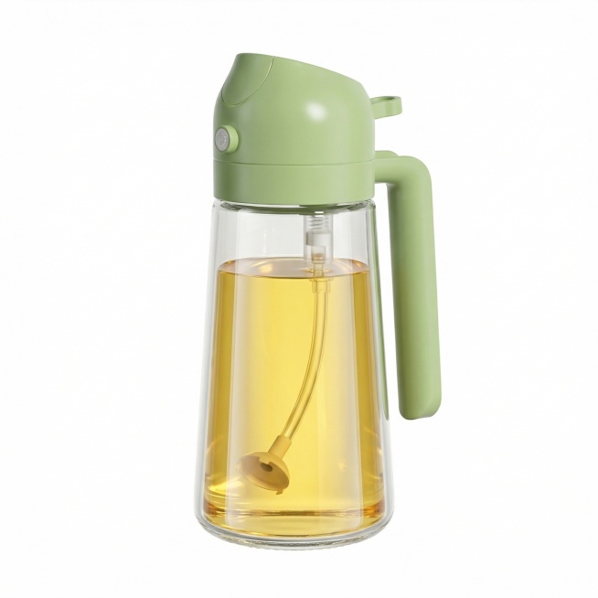 亚马逊欧美跨境电商主图，产品为柠檬绿喷倒两用玻璃喷油壶，产品严格和原图一致，不做任何修改，尺寸800x800，纯白色背景，产品居中占画面85%以上，清晰展示产品整体外观，无任何文字和装饰元素，光影柔和预览效果