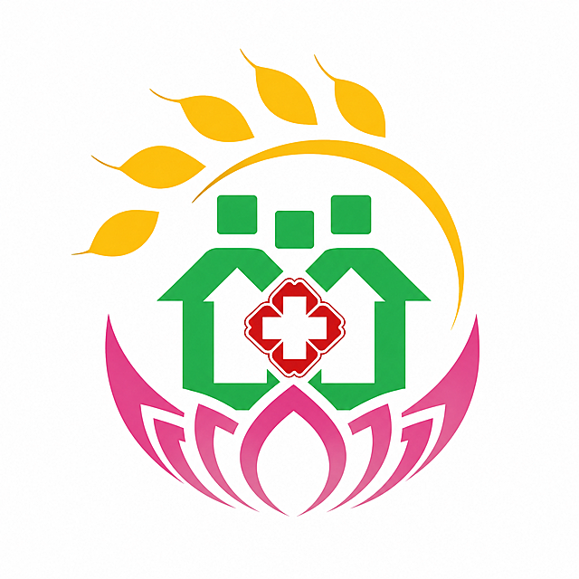 将三个logo元素融合为一张完整的标志设计图，构图布局为：上方是金黄色麦穗弧形图案（保留主图的麦穗叶片形状、金黄色和弧形结构），中间是绿色房屋造型配红色医疗十字（保留图2的房屋轮廓和十字标志的核心造型），下方是粉红色莲花图案呈向上托举的圆弧形态（保留图3莲花花瓣的柔美造型和粉红色调）。整体构图协调对称，三个元素自上而下有序排列，莲花在下方形成圆弧托住上方的麦穗和医疗房屋元素。画面干净简洁，白底背景，边缘清晰自然，光影统一，无拼接痕迹，高清矢量logo质感。
