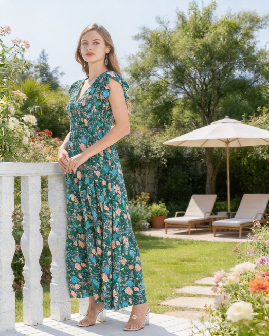 人物姿势和衣服不变，将背景改为充满惬意氛围的花园庭院，呈现开心度假的感觉预览效果