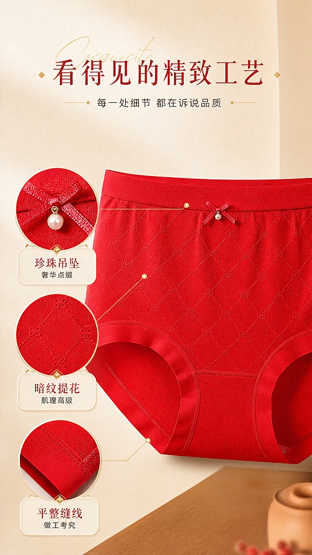 [商品] 使用【图5】本命红内裤悬挂展示，大红色；商品处理：保留高腰版型、腰头珍珠吊坠蝴蝶结、暗纹提花纹理、裤腿包边、颜色和结构；重点增强珍珠吊坠的金属光泽与精致感、暗纹提花的立体肌理、缝线的工整度，自然去皱，不改变版型。
[画面] 页面目标：细节工艺页，微距展示珍珠吊坠+暗纹提花+精致缝线三大工艺。构图：竖版9:16，中部内裤正面特写，产品占画面约60%；从珍珠吊坠、暗纹区域、裤脚缝线三处用细金线引出放大圆框，分别展示微距细节。背景浅米色墙面+木质台面一角，暖调高级。
[视觉] 套系策略：风格=高级轻奢商业摄影，暖调精致有品牌感；标题字=衬线体+手写体组合，优雅有设计感；正文字=简洁无衬线体；主色=浅米色（暖米白）；背景延展=基于浅米色做深浅层级、同色渐变和细腻纸张/织物质感；强调色=金色（哑光金+浅金），仅用于小面积图标、引线、标签和装饰线条；标题色=正红色+金色点缀；正文色=深棕灰；组件=圆角浅米色信息卡、细金线引线、菱形金饰小图标；光影=左前侧暖柔光，柔和阴影，产品立体感强。
[文字] 顶部主标题"看得见的精致工艺"，副标题"每一处细节 都在诉说品质"；三个放大圆框旁分别标注"珍珠吊坠 奢华点缀""暗纹提花 肌理高级""平整缝线 做工考究"。文字横排，引线清晰，不遮挡产品核心部位。
[规格] 图片比例9:16竖版，4K，避免变形、错字、文字过小、冷蓝/蓝灰背景、内裤颜色改变、版型失真、低俗擦边、极限词。
