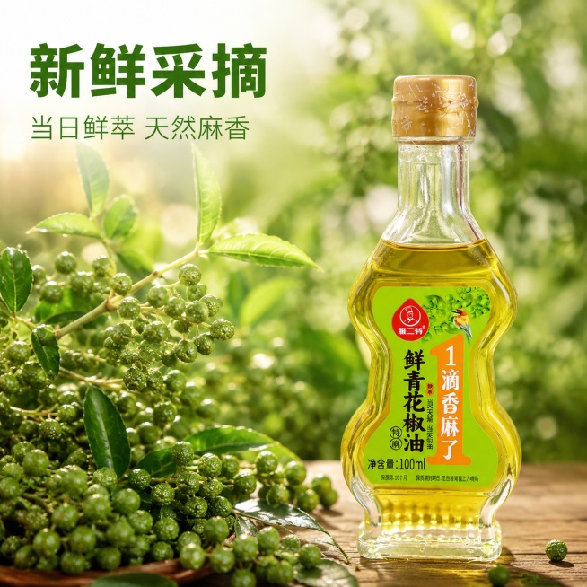 「图片1」，生成一套主图（5张），商品名称是雅二爷青花椒油100ml，卖点是配料干净、仅鲜花椒和植物油，新鲜采摘，加麻不加价。适配淘宝/天猫平台，主图比例为1:1，不要出现旗舰店字样，不要出现价格，不预览效果