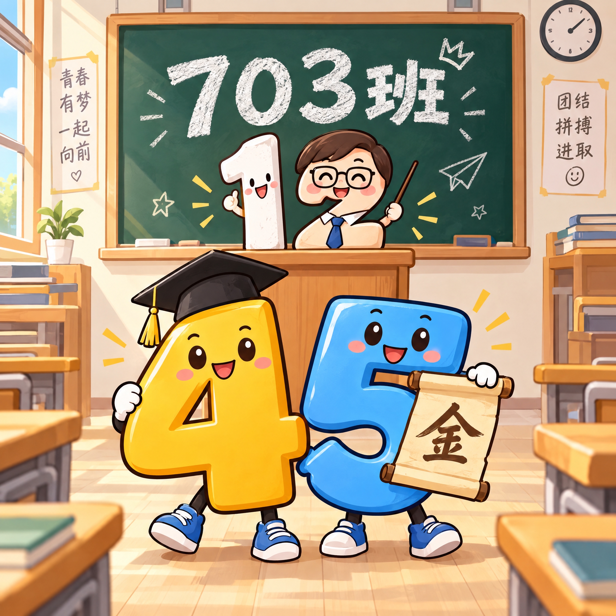 班服正面设计图案，卡通插画风格。画面正中央是大号数字"45"，… - 图片创意预览