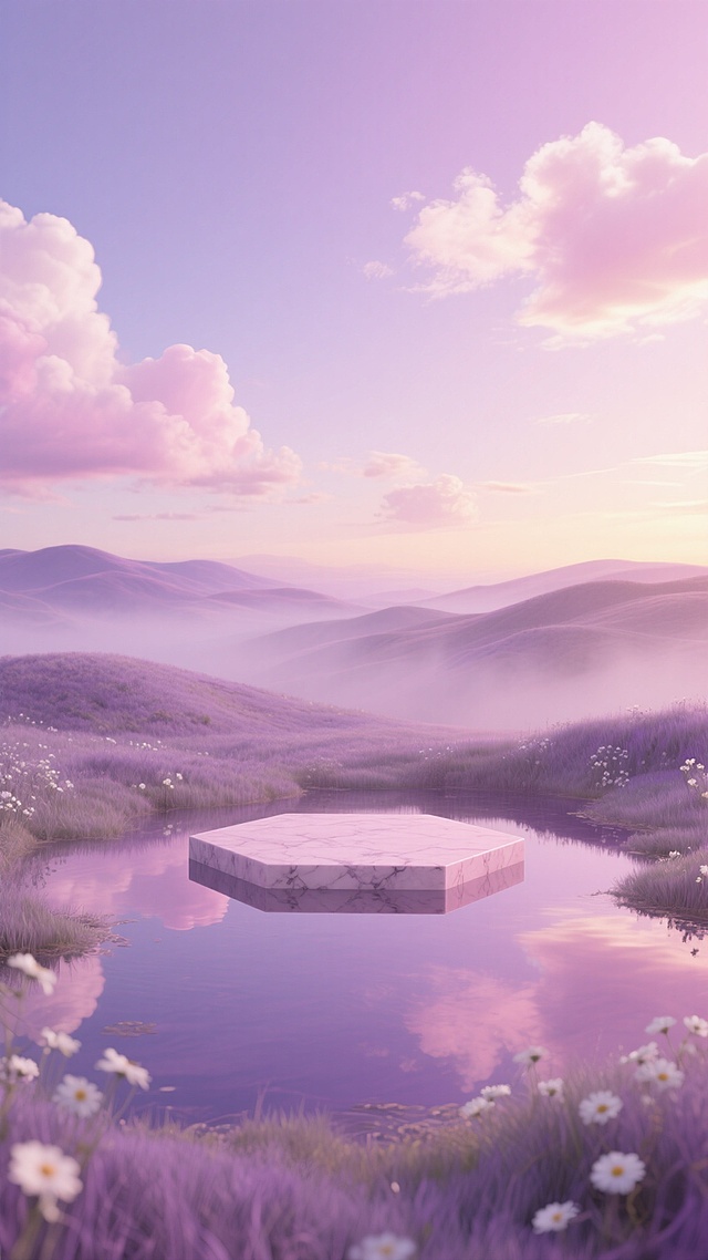 超写实风格，纯净的粉紫色渐变天空，点缀着蓬松的粉白色云朵，柔和的侧逆光洒下温暖的粉金色光芒，远处是连绵起伏的雾紫色丘陵，近处是泛着淡淡粉紫色倒影的平静水洼，水洼中央漂浮着一个六边形的浅粉色大理石平台，平台边缘光滑，表面有细腻的自然纹理，周围环绕着鲜嫩的淡紫色青草和白色小花，整体画面营造出梦幻、宁静、浪漫的氛围，构图采用低角度仰拍，突出平台的悬浮感和天空的广阔感，光影过渡自然，色彩和谐统一，细节清晰，质感细腻。