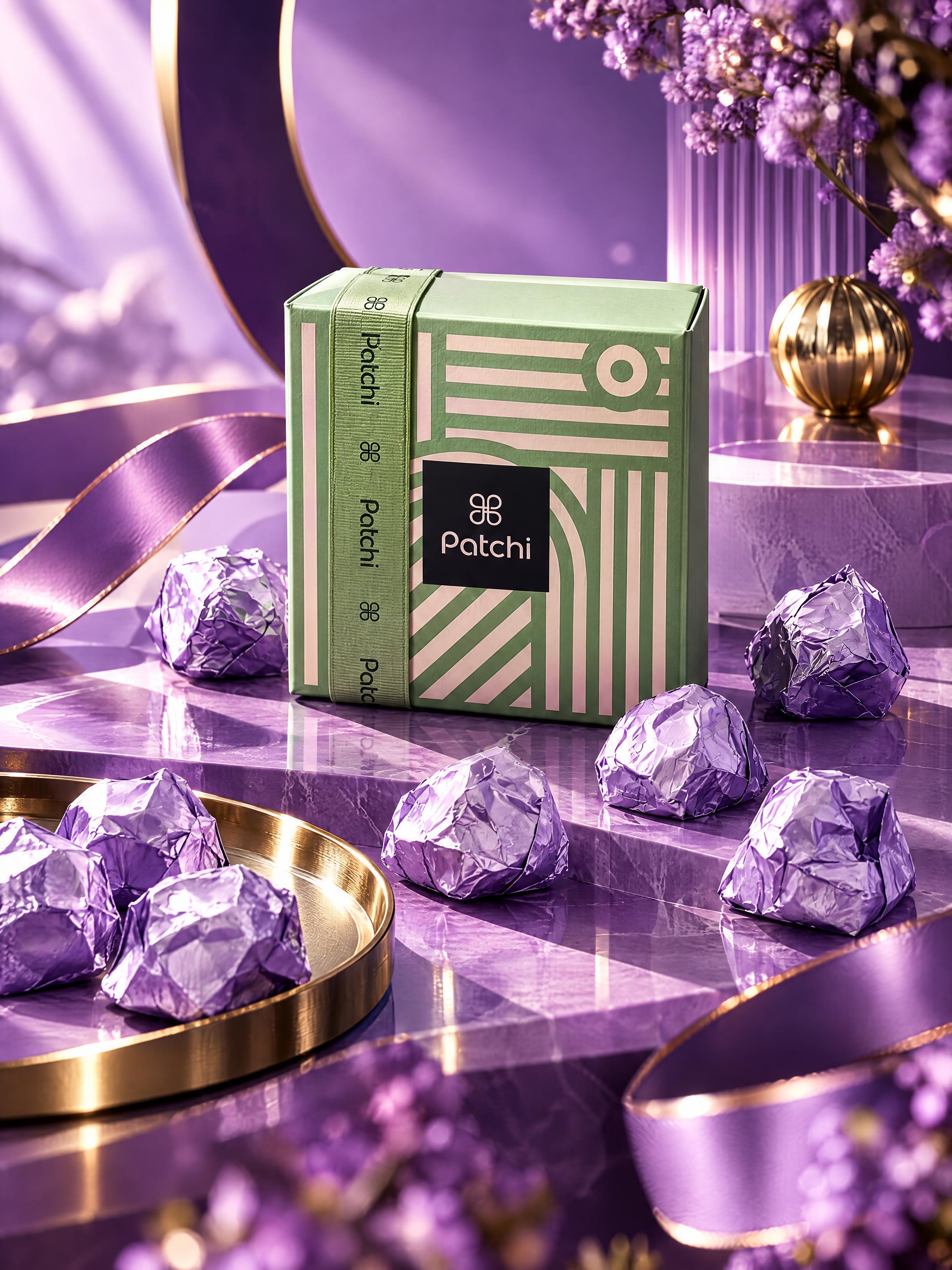 高端商业产品海报，主体是Patchi巧克力绿色礼盒，礼盒带有P… - 图片创意预览