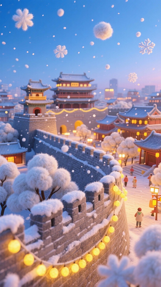 梦幻雪夜中的古风城楼，软3D与毛发生长风交织，暖黄灯笼点缀，营造出温馨可爱的卡通感微缩艺术场景。