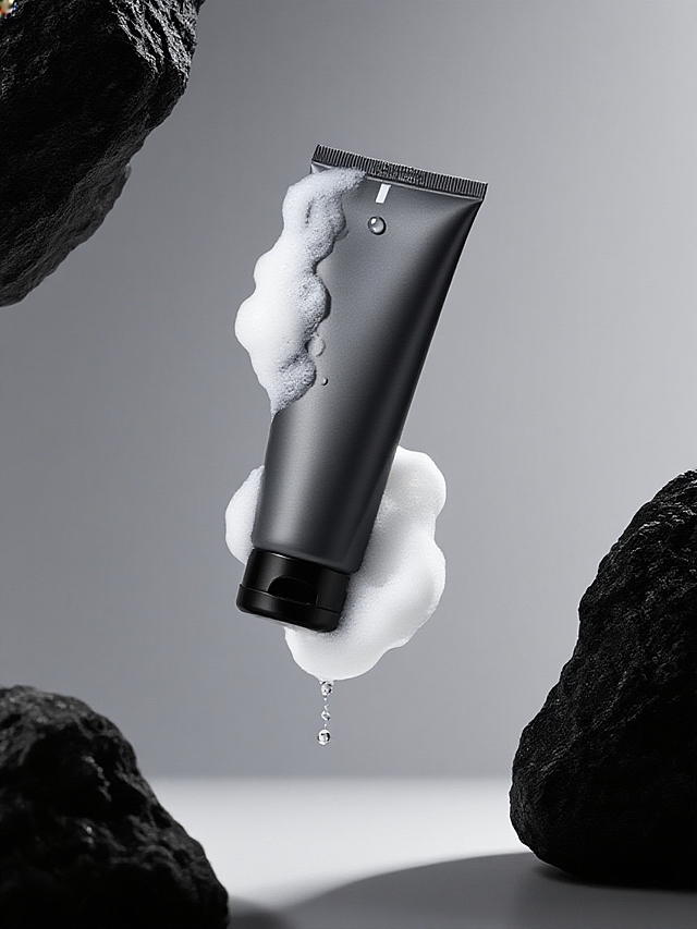 商业静物摄影。去掉产品上面的字，主体漂浮在空中（主体上有白色洁面泡沫和水滴效果），左上角和右下角搭配黑色岩石元素，灰色背景搭配高级的光影效果。