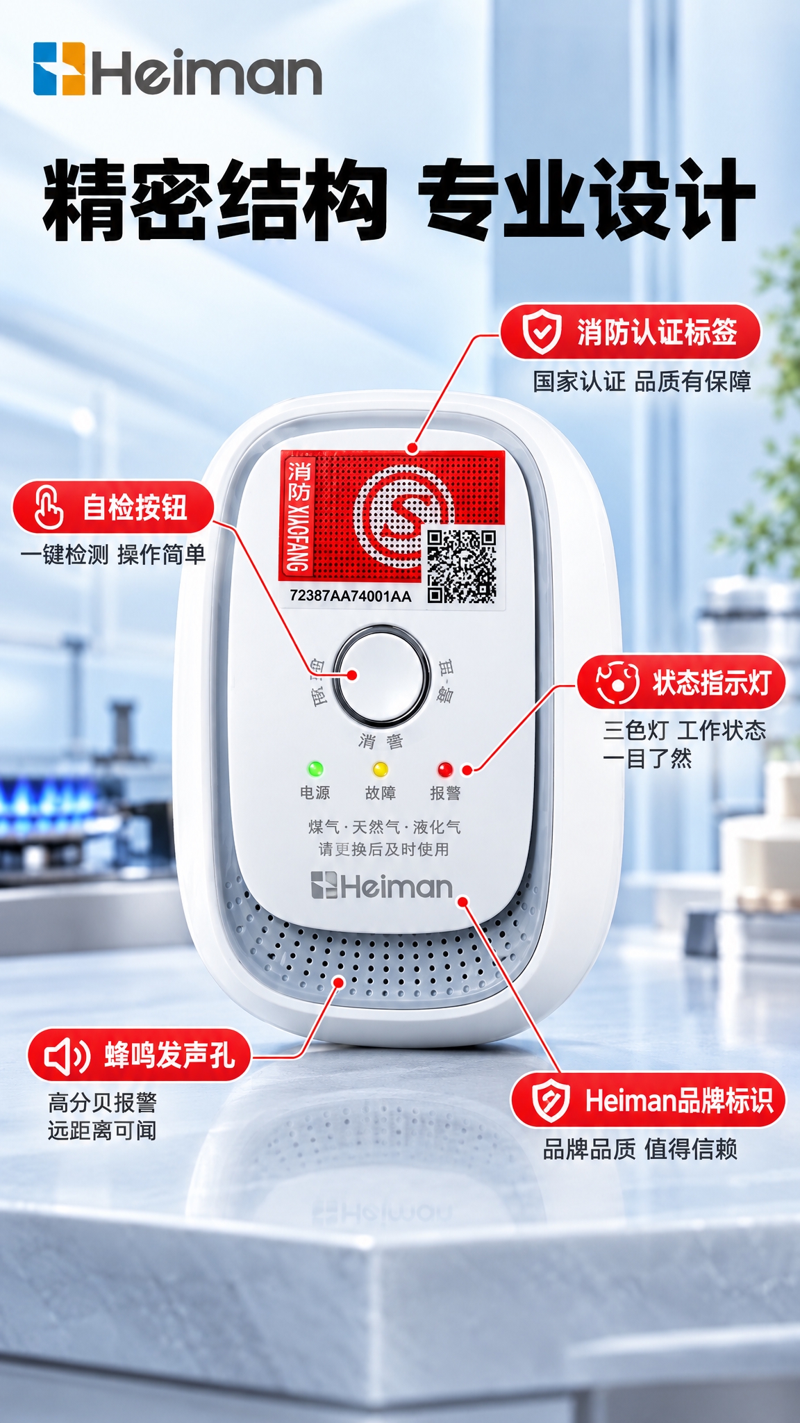 京东电商详情页第4张结构细节页，独立可燃气体报警器，产品居中放… - 图片创意预览