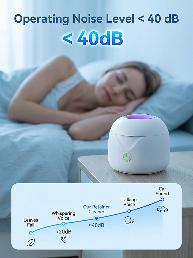 主体是上传产品，放在卧室的浅色床头柜上，背景有一位欧美女性在睡觉，画面整体偏浅蓝色系，大标题：Operating Noise Level < 40 dB   ，高亮蓝色凸显40dB，画面下方有一个圆角矩形框，里边有一个分贝曲线条，分别标注Leaves Fall
Whispering Voice
Our Retainer Cleaner
Talking Voice
Car Sound
