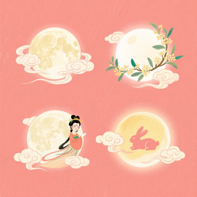 4个中秋满月素材，第1个（圆月+祥云环绕）；第2个（圆月周围点缀桂花）；第3个（月亮旁边有嫦娥）；第4个（月亮里有一个小兔子剪影两边点缀祥云）。浅红色色背景，上下两行各2个，排列整齐预览效果